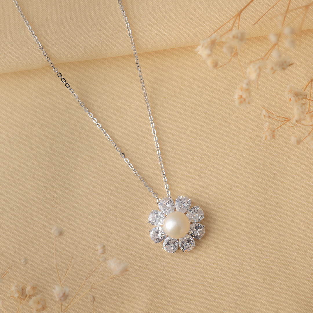 Dazzling Pearl Bloom Silver Necklace