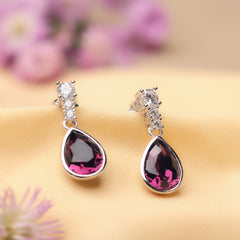 Silver Dark Pink Swarovski Drop Earrings Amishka Jewels