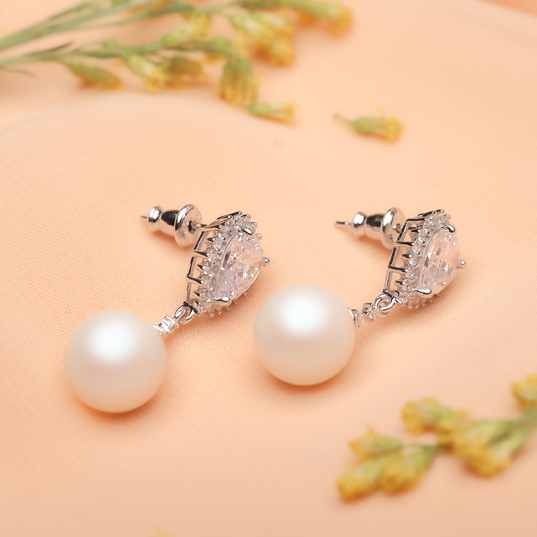 Silver Glimmering Pearl Drop Earrings Amishka Jewels