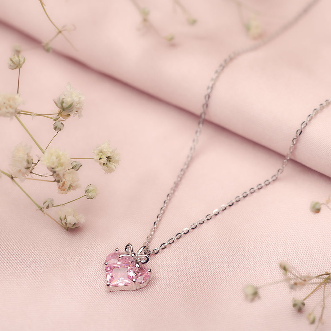 Silver Pink Enchanted Heart Pendant and Chain Amishka Jewels