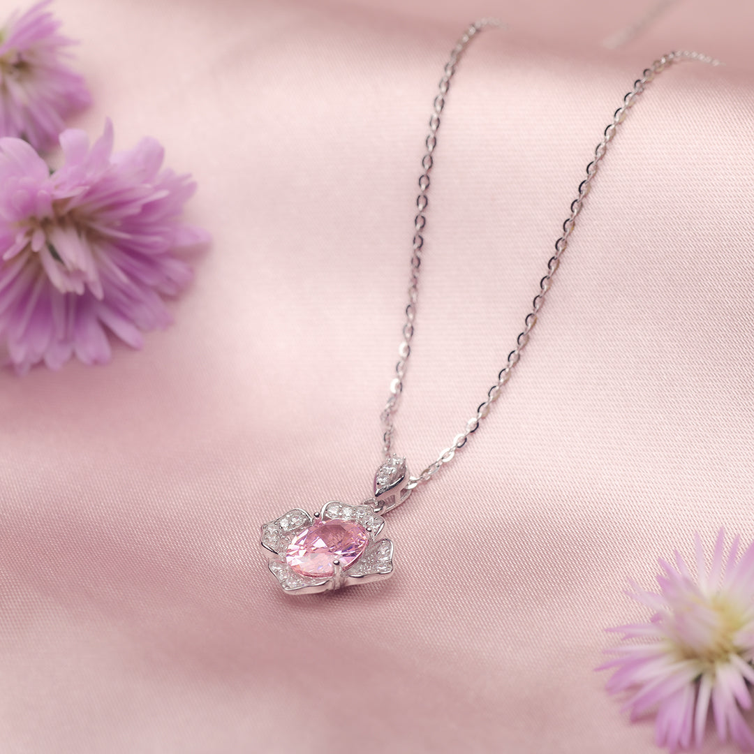 Silver Pink Petal Blossom Pendant and Chain Amishka Jewels