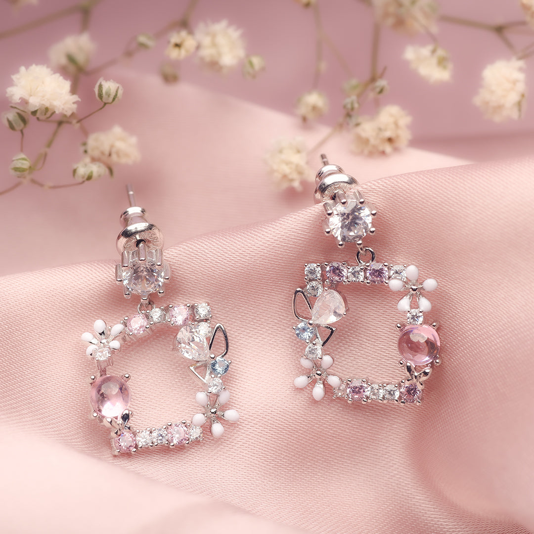 Silver Pink Square Floral Earrings Amishka Jewels