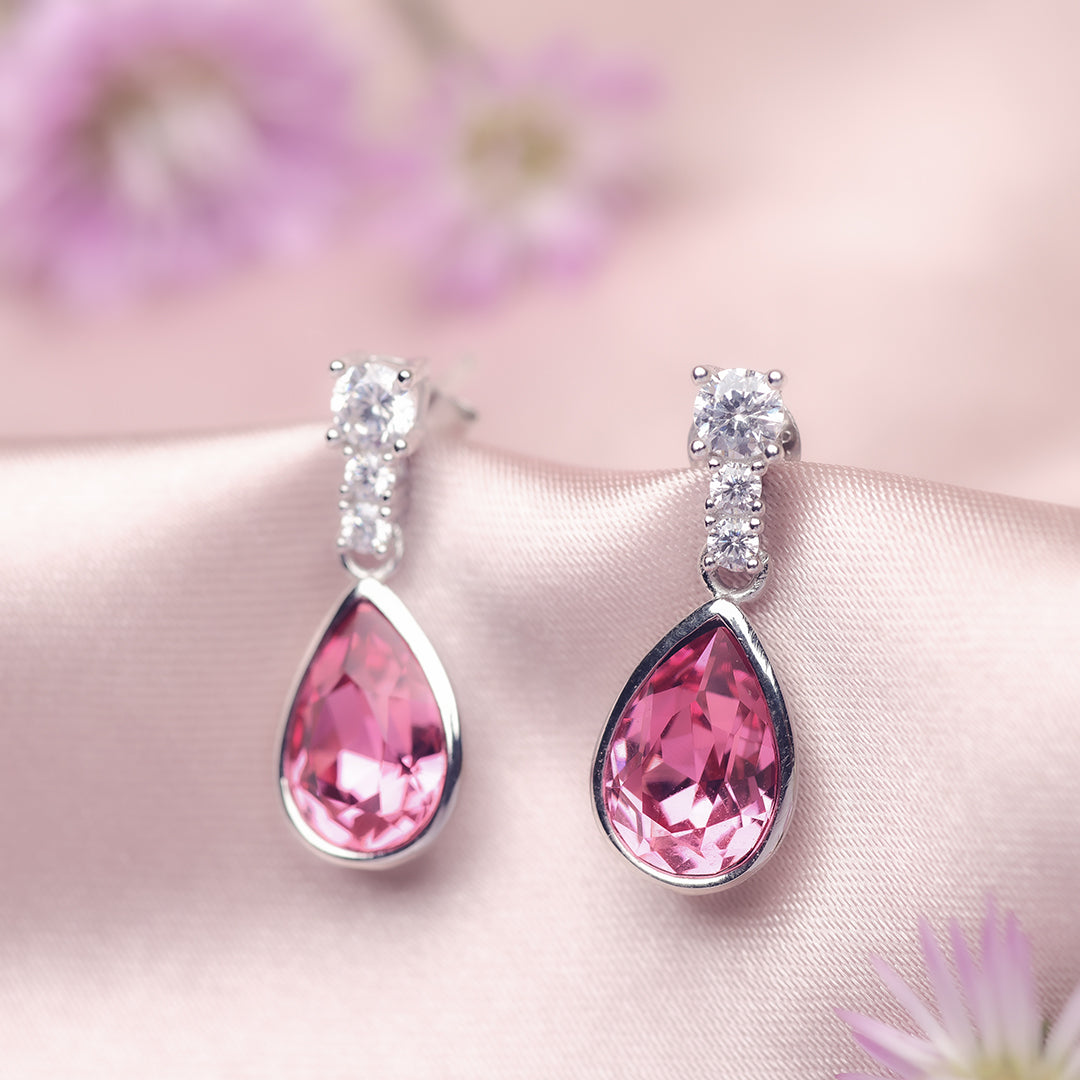 Silver Pink Swarovski Drop Earrings Amishka Jewels