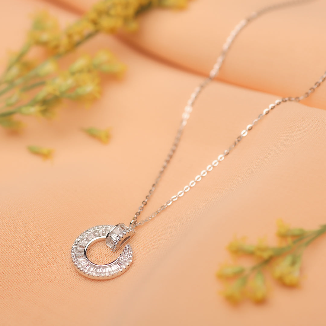 Silver Shining Half Moon Pendant and Chain Amishka Jewels