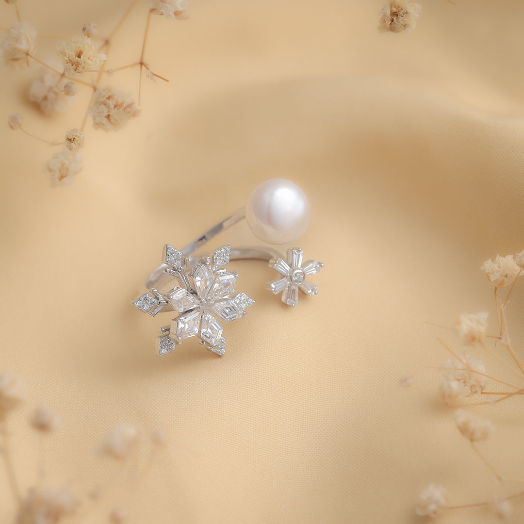 Snowflake Pearl Silver Ring Amishka Jewels